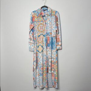 Tolani Collection Multicolor Patterned Maxi Long Sleeve Shirt Dress XS